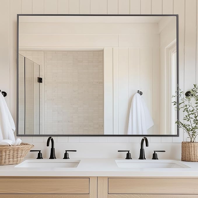 Antok 48x36 Black Metal Framed Bathroom Mirror, Wall Mirror with Round Corners, Vanity Mirror for Over Sink, Anti-Rust Tempered Glass, Horizontal/Vertical Hanging for Bathroom, Living Room, Entryway