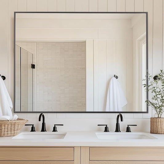 Antok 48x30 Black Metal Framed Bathroom Mirror, Wall Mirror with Rect Corners, Vanity Mirror for Over Sink, Anti-Rust Tempered Glass, Horizontal/Vertical Hanging for Bathroom, Living Room, Entryway