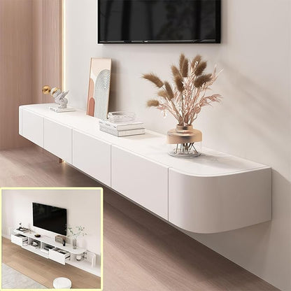 Floating TV Stand Large Floating TV Shelves Wall Mounted Multi Storage Compartment TV Media Console Floating TV Cabinet Bench Under TV Large Storage (White B, 63.0 * 7.9 * 11.8 in)