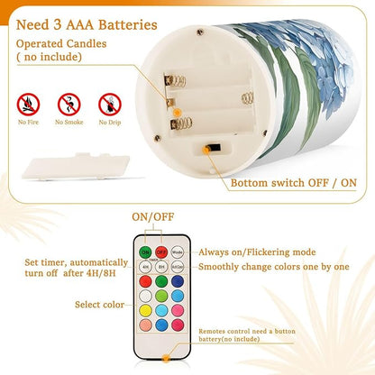 ALAZA Blue Hydrangea Flowers Flickering Flameless Candles Battery Operated with Remote Timer,Tea Light Candles LED Pillar Votive Candles Set of 2 for Outdoor Indoor Decorations