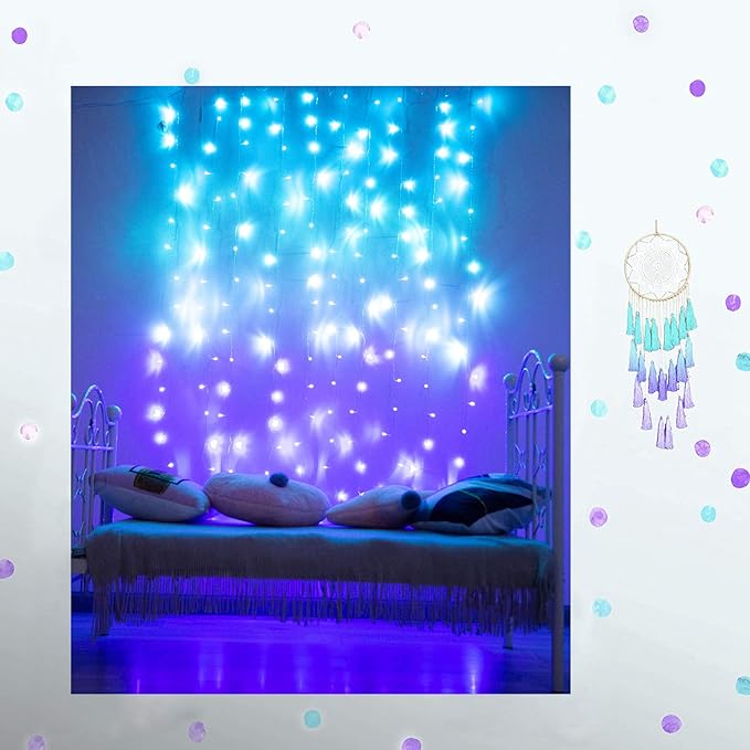 Curtain Lights for Bedroom Wall Light Up Curtains Led String Lights Turquoise Teal Blue Lavender Lilac Purple Twinkle Hanging Fairy Lights Unicorn Mermaid Kawaii Sanrio Teen Room Decor for Girls