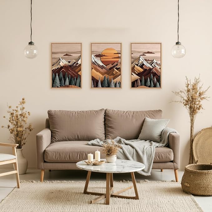 KAIRNE Woodcut Style Mountain Framed Canvas Wall Art Set,Wooden Pine Tree Wall Decor,Vintage Forest Landscape Art Prints,Nature Sunrise Artwork for Living Room,Bedroom,Farmhouse,Office-16 x24 x3