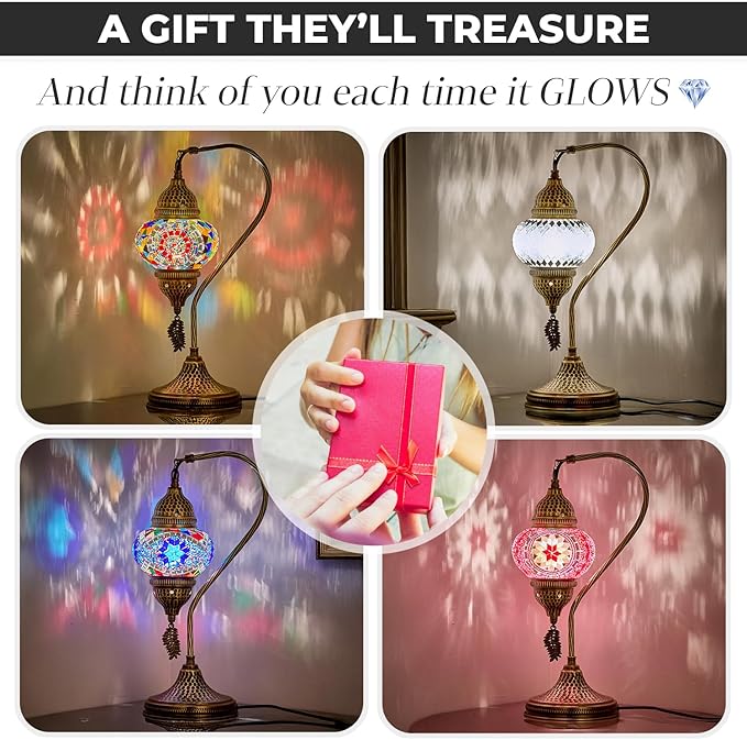 DEMMEX Turkish Moroccan Table Lamp, Swan Neck Tiffany Style Mosaic Glass Table Desk Bedside Lamp for Bedroom, Living Room – Handcrafted in Turkey, Amber Brown