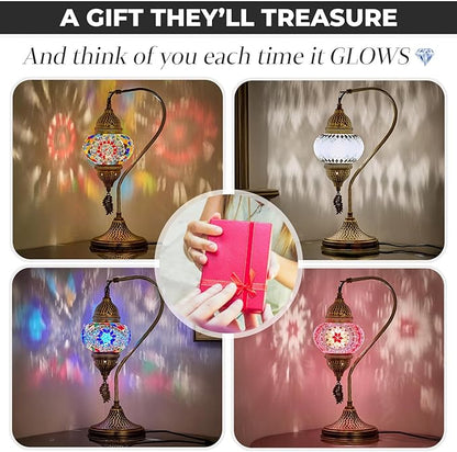 DEMMEX Turkish Moroccan Table Lamp, Swan Neck Tiffany Style Mosaic Glass Table Desk Bedside Lamp for Bedroom, Living Room – Handcrafted in Turkey, Amber Brown
