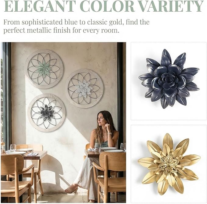 AIM & GGKK 3 Piece Round Farmhouse Wall Decor Set with Interchangeable Metal Flower, 12 Inch Rustic Wall Art for Living Room, Kitchen, Dining Room, Bedroom Modern Farmhouse Style