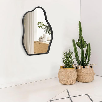 Wall Mirror Irregular Wavy Mirror Modern Wood Frame Mirror Unique Shape Asymmetrical Wall Vanity Artistic Mirror Decor for Living Room Bedroom Bathroom Entryway Hallway Black Large