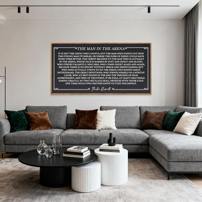 Aurlan The Man In The Arena Framed Canvas Wall Art(40"x20"), Rustic Motivational Inspirational Positive Gift for Teens, Large Theodore Roosevelt Speech Quotes Artwork Decor for Home Office Bedroom Dining Room