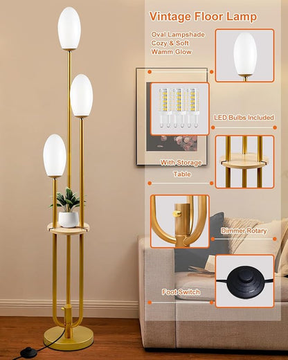 Gold Dimmable Floor Lamp with Table, UniqueTall Standing Lamps with 3000K G9 Bulbs for Reading, Mid Century Modern Floor Lamp with 5Lbs Heavy Base for Living Room Bedroom Office