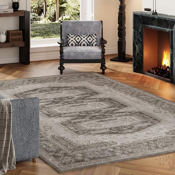 4x6 Area Rugs Grey Brown Washable Rug for Living Room, Dining Room, Bedroom, Large Carpets, Non Slip & Non-Shedding Low Pile Vintage Print Rug for Home Office Decor