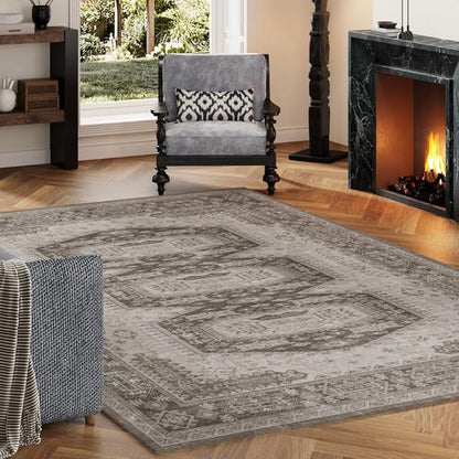 4x6 Area Rugs Grey Brown Washable Rug for Living Room, Dining Room, Bedroom, Large Carpets, Non Slip & Non-Shedding Low Pile Vintage Print Rug for Home Office Decor
