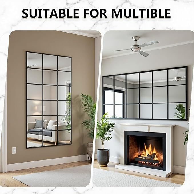 Dewfig 65"x 24" Window pane Full Length Mirror, Wall Mirror, Floor Standing Mirrors, Farmhouse Long Full Body Mirrors Wall Mounted for Living Room, Bedroom, Entryway, Fireplace, Black