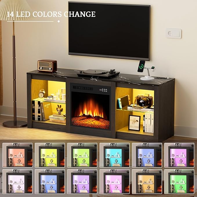 Kucreiheat 58 inch TV Stand with Fireplace-Entertainment Center with LED & Outlet for 65 inch TV-Black Media Console with Adjustable Glass Shelves, Modern TV Cabinet for Living Room/Bedroom