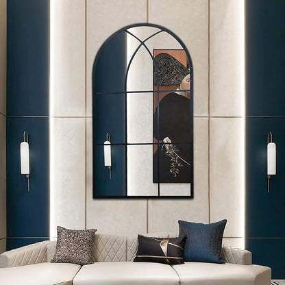 ironsmithn Arched Mirror, 41.3"x24" Windowpane Mirrors, Window Finished Metal Mirror, Black Grid Mirrors for Decor Living Room Fireplace Entryway Bedroom Hallway