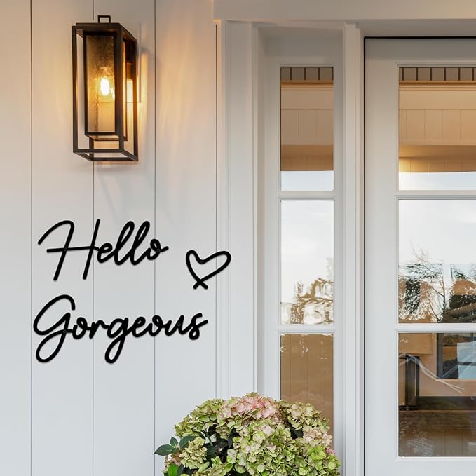 Hello Gorgeous Metal Wall Art Decor Minimalist Metal Words Hello Gorgeous Sign Farmhouse Decor for Home Bathroom Vanity or Makeup Room Living Room Bedroom Office Hotel Wall Decoration (Black)