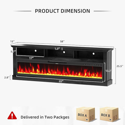 58" Fireplace TV Stand, TV Stand with 52" Fireplace, LED Light Entertainment Center with Storage Cabinets, Modern Media TV Console TV Table for Living Room, Black