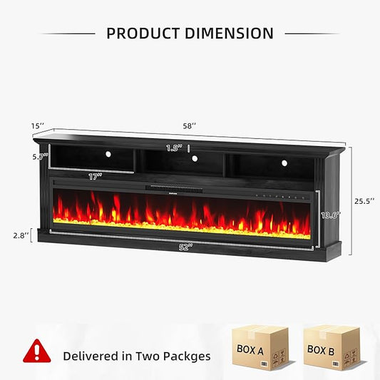 58" Fireplace TV Stand, TV Stand with 52" Fireplace, LED Light Entertainment Center with Storage Cabinets, Modern Media TV Console TV Table for Living Room, Black