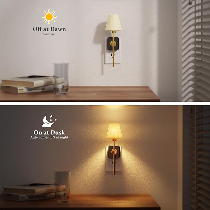 JandCase Night Lights Plug into Wall, 2 Pack Vintage Nightlights, Dusk to Dawn Sensor, 0-100LM Dimmable, Pleated Fabric Beige Lamp for Living Room Bedroom Hallway