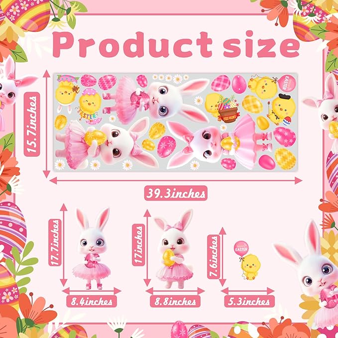 Pink Easter Window Clings Decoration Stickers for Glass Bunny Decals for Girls Bedroom Double-Side Spring Easters Eggs Cling Chick Rabbit Sticker for Living Room Kitchen Holiday Home Indoor Decor