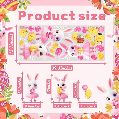 Pink Easter Window Clings Decoration Stickers for Glass Bunny Decals for Girls Bedroom Double-Side Spring Easters Eggs Cling Chick Rabbit Sticker for Living Room Kitchen Holiday Home Indoor Decor
