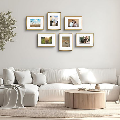 Golden State Art, Gallery Wall Frame Set of 6 - Bronze 9x12 Aluminum Photo Frames with Mat for 6x8 Pictures - 9 x 12 inch Metal Frame with Real Glass Cover - Elegant Home or Office Decor
