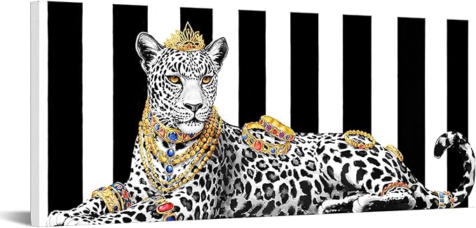 KREATIVE ARTS Luxury Leopard Wall Art 20x48 Inch Framed Canvas Glam Animal Print Jungle Decor Black and White Striped Background Modern Artwork for Bedroom Living Room Office Ready to Hang