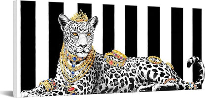 KREATIVE ARTS Luxury Leopard Wall Art 20x48 Inch Framed Canvas Glam Animal Print Jungle Decor Black and White Striped Background Modern Artwork for Bedroom Living Room Office Ready to Hang