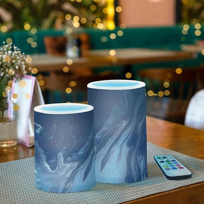 ALAZA Beautiful Navy Blue Marble Flickering Flameless Candles Battery Operated with Remote Timer,Tea Light Candles LED Pillar Votive Candles Set of 2 for Outdoor Indoor Decorations