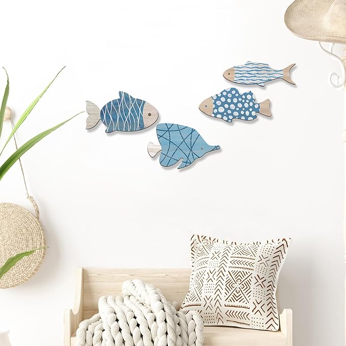 Aikgidtt 4 Pieces Wooden Fish Wall Decor Set, 12 Inch Coastal Wall Art for Bathroom, Beach House, Family Rooms - with Hooks & Adhesive Pads (Blue)