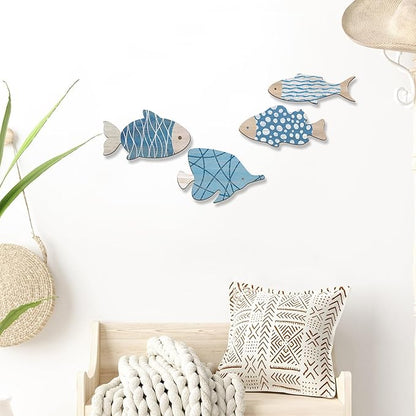 Aikgidtt 4 Pieces Wooden Fish Wall Decor Set, 12 Inch Coastal Wall Art for Bathroom, Beach House, Family Rooms - with Hooks & Adhesive Pads (Blue)