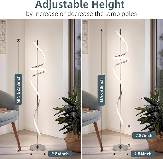 Modern Floor Lamp with Remote Control, Dimmable LED Floor Lamp for Living Room, 48W Spiral Floor Light with 3 Color Temperatures, Chrome Standing Tall Lamp for Bedroom Dining Rooms Home Offices