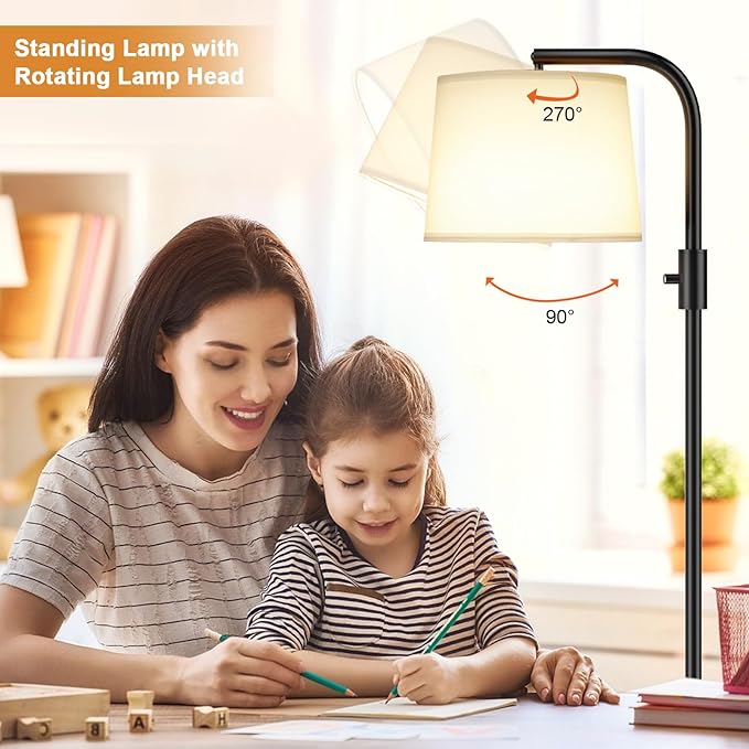 Ambimall Fully Dimmable Floor Lamp with 9W LED Bulb, Standing Lamp for Living Room with Adjustable Head, Modern Tall Light with Rotary Switch for Office, Black and White