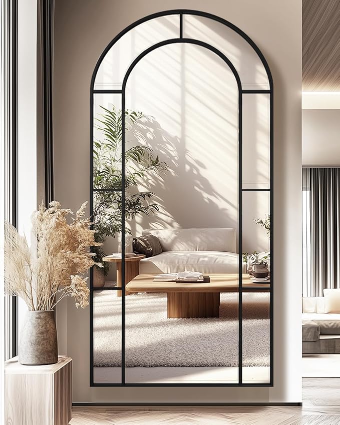 Antok 78" x 38" Full Length Mirror, Floor Mirror Arched Window Decorative Mirror, Metal Framed Decor Farmhouse Floor Mirrors Art Pane Mirrors Wall Decor for Bedroom, Living Room, Entryway Black