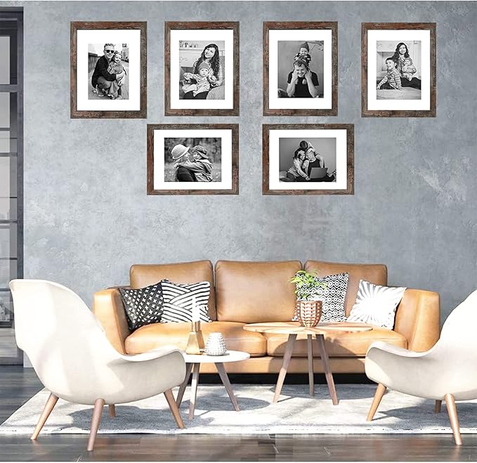 11x14 Picture Frame Rustic Brown Wood Set of 6,Display Pictures 8x10 with Mat or 11x14 Without Mat,Multi Photo Frames Collage for Wall