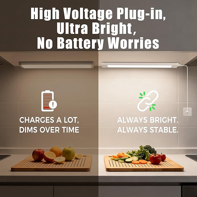 6 Pcs 14inch Plug in Under Cabinet Lighting for Kitchen, 6500k Bright White Linkable LED Under Counter Wired Lights for Shelf/Bookshelf/Workbench/Over Sink