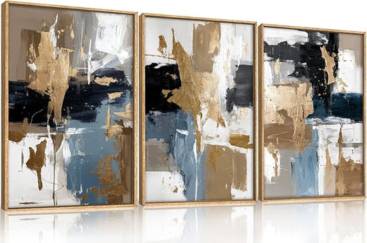 KAIRNE Blue and Gold Abstract Framed Canvas Wall Art Set,Minimalist Brush Strokes Wall Decor,Modern Textured Art Prints,Neutral Brown Black Artwork for Living Room,Bedroom,Farmhouse,Office-16 x24 x3