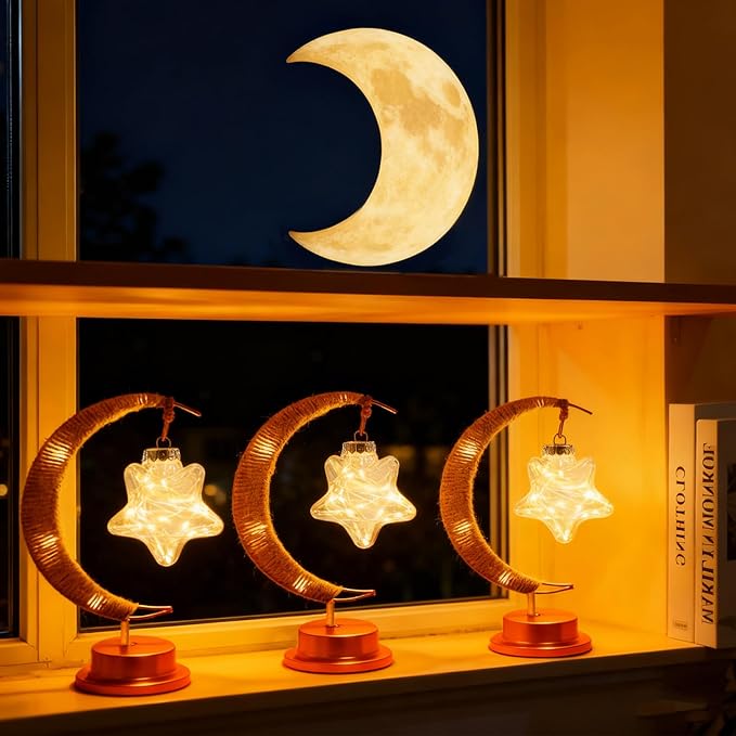 Crescent Moon Table Light with Hanging Star Ramadan Decorative Atmosphere Lamp Battery Operated Suitable for Home Bedroom Shop Party Decoration (HGmoon-WW-Star)