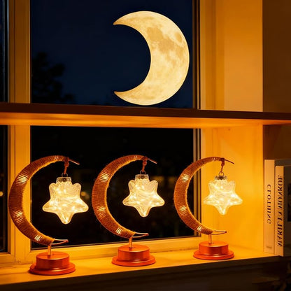 Crescent Moon Table Light with Hanging Star Ramadan Decorative Atmosphere Lamp Battery Operated Suitable for Home Bedroom Shop Party Decoration (HGmoon-WW-Star)