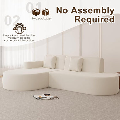 MELLCOM Modern Curved Boneless Sofa Couch, L-Shaped Corner Sofa, No Assembly Needed, Chenille Upholstered Cloud Sectional Couch for Living Room, Bedroom and Apartment (Beige, Left Hand Facing)
