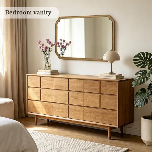 WallBeyond 30" x 48" Wood Bathroom Mirror for Wall Mounted, Rustic Rounded Corner Vanity Mirror for Entryway, Living Room or Bedroom Home Decorative [30" x 48" Natural Color]