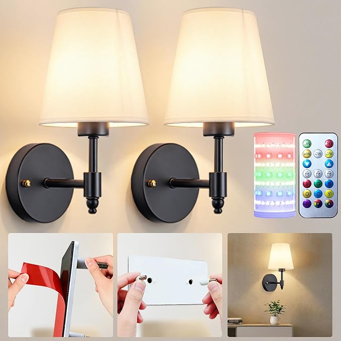 Battery Operated Wall Sconces Set Of Two, Wireless Battery Wall Light With 10000mAh RGB Rechargeable Magnetic Bulb, Rechargeable Wall Sconce With Remote Control For Bedroom, No Electrician Required