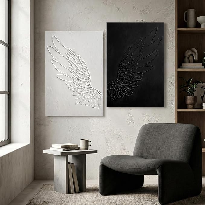 JUHOME Large Black and White Abstract Wall Art - 2-Piece 24x36 in Original Hand-Painted Wing Canvas Wall Art Set, Textured Dual Panel Oil Painting for Modern Living Room Bedroom Office Wall Decor