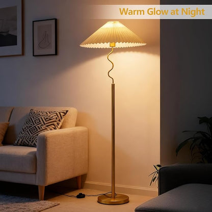 Modern Floor Lamp with 3 Color Temperatures, Foot Switch Standing Lamps for Living Room,Tall LED Standing Lamps for Living Room, Bedroom, Office, Beige Pleated Shade, 9W Bulb Included, Gold