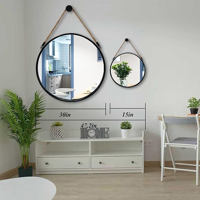 POZINO Round Mirror, 15" Rope Hanging Mirror, Farmhouse Circle Mirrors, Black Metal Frame Wall Mirrors for Bathroom, Bedroom, Living Room, Entryway, Fireplace, Home Decor