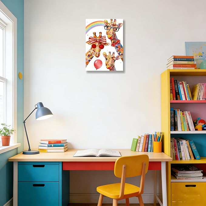 12x16 Inch Colorful Giraffe Canvas Wall Art - Watercolor Rainbow Giraffe Family Poster with Glasses Balloon - Framed Funny Animal Wall Decor Prints for Kids Bedroom Nursery Bathroom Playroom