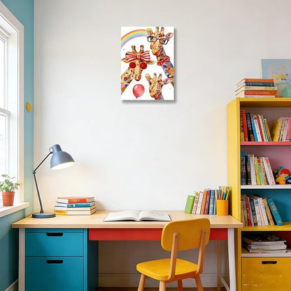 12x16 Inch Colorful Giraffe Canvas Wall Art - Watercolor Rainbow Giraffe Family Poster with Glasses Balloon - Framed Funny Animal Wall Decor Prints for Kids Bedroom Nursery Bathroom Playroom