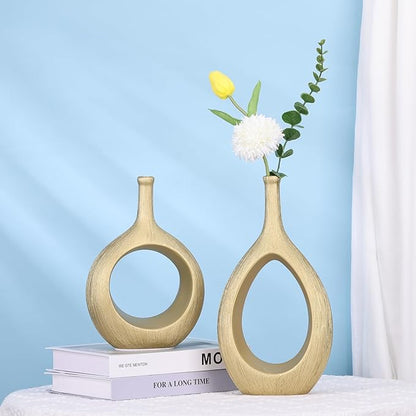 LCCCK Matte Gold Ceramic Vase Set of 2 - Ribbed Hollow Aesthetic Decorative Vase, Modern Farmhouse Table Centerpiece, Boho Gold Vases for Flower Decor and Home Living