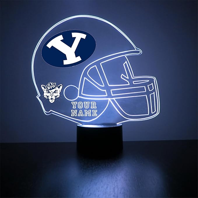 Custom Brigham Young University (BYU) Cougars Football Helmet LED Sign Night Light Lamp with Remote, Personalized Name/Text, Officially Licensed from The CLC by Mirror Magic Gifts, Made in The USA