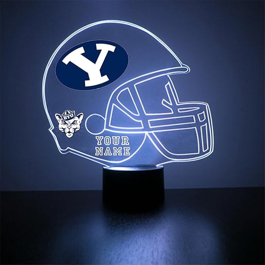 Custom Brigham Young University (BYU) Cougars Football Helmet LED Sign Night Light Lamp with Remote, Personalized Name/Text, Officially Licensed from The CLC by Mirror Magic Gifts, Made in The USA