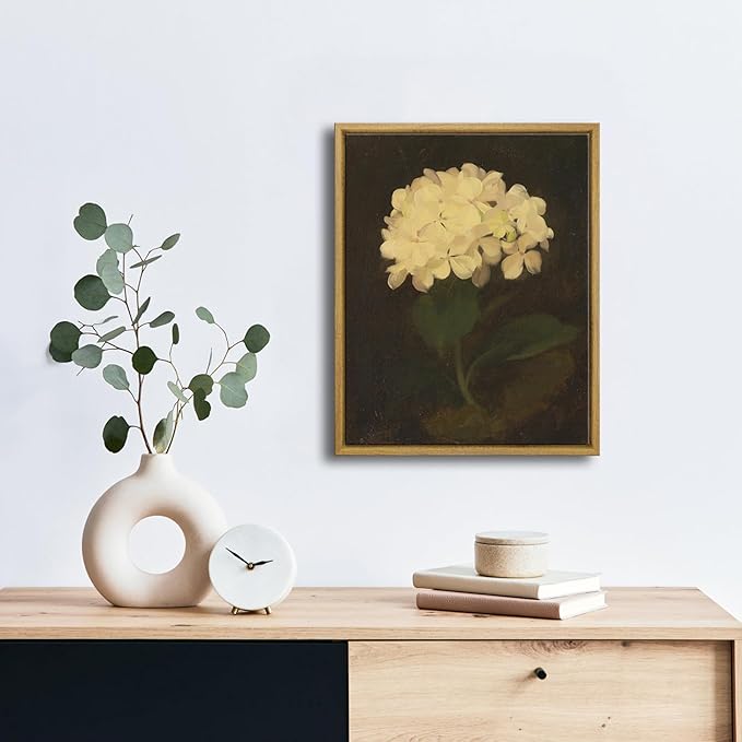 Pyradecor Vintage Retro Framed Wall Art White Hydrangea Oil Painting Canvas Prints Mid Century Living Room Decor for Farm House Bedroom Decorations