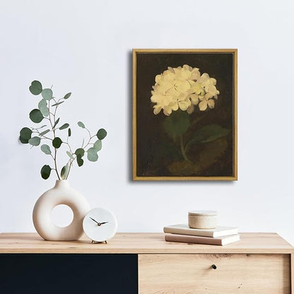 Pyradecor Vintage Retro Framed Wall Art White Hydrangea Oil Painting Canvas Prints Mid Century Living Room Decor for Farm House Bedroom Decorations